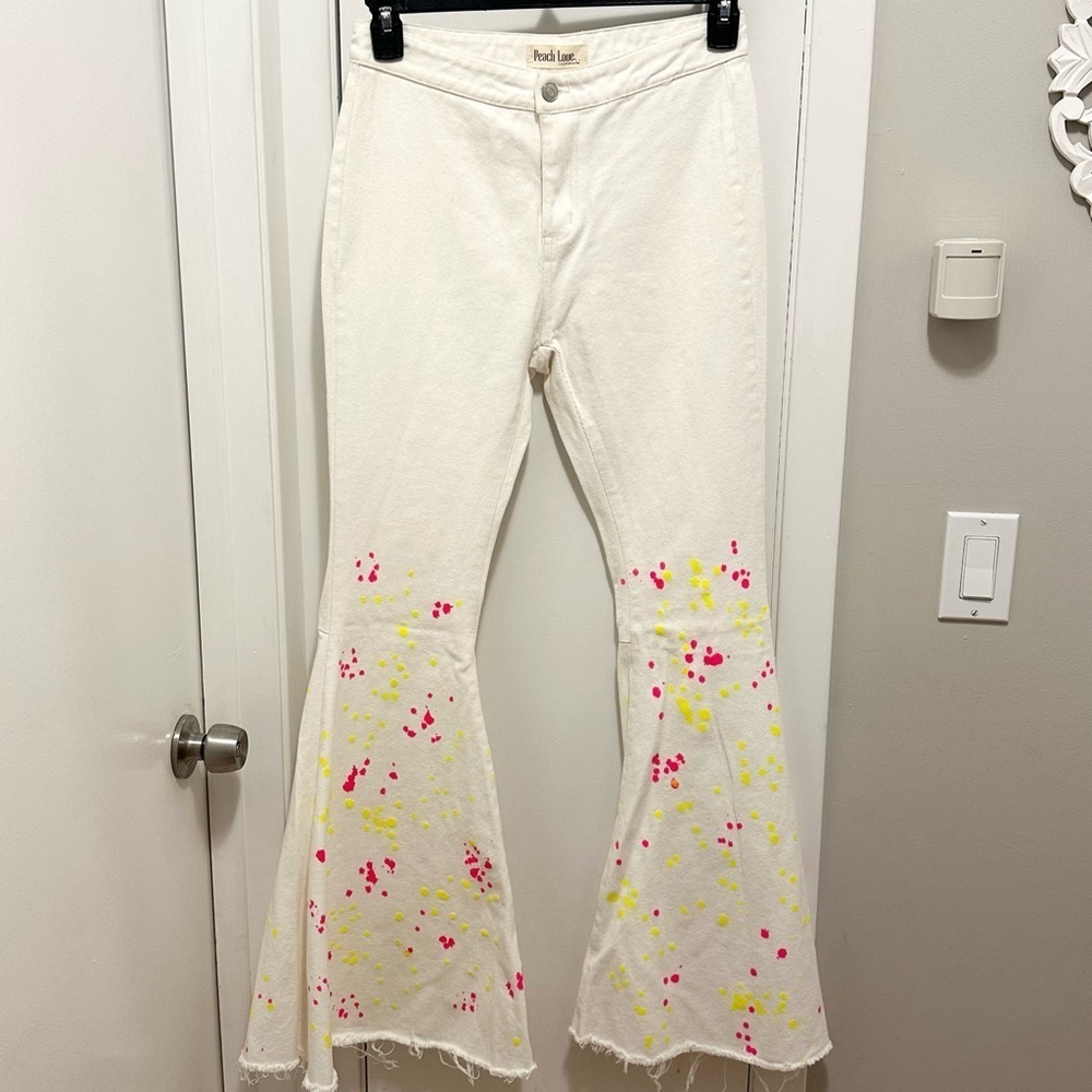 Peach Love California Splatter Paint Bell Bottom Flare Jeans White Pants Women M